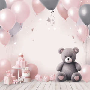 a pink baby birthday background with a bear and balloons, in the style of dark gray and light brown, algeapunk, karencore, hyperrealistic details, whitcomb-girls, group material, simple designs, hyperrealistic --ar 1:1 --v 5.2