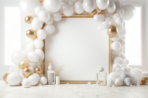 Extravagant Party Scene Forming a Lavish Mock-Up on a Pure White Background, Framing Your Content with Copy Space, --ar 3:2 --v 5.2