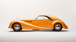 Concept car on pure white backdrop, car design is inspired by classic cars 1930s with a retro-inspired design that incorporates vintage elements and modern technology. Car's color is matte. Sideview angle. Canon R5 mark ii, rf 70-200 f2.8 lens --ar 16:9