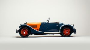 Minimalistic redesign of a classic car 1930s into a sports car. Bright white backdrop, sideview angle. Car's colors are matte orange and dark blue. Canon R5 mark ii, rf 70-200 f2.8 lens --ar 16:9