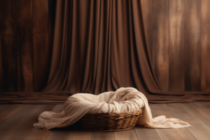 an empty newborn studio photography scene, rustic fall, ethereal, simple digital background, 8k, high resolution, empty basket, soft blanket, minimalistic, flowing curtains, --ar 3:2 --stylize 50 --v 5.2