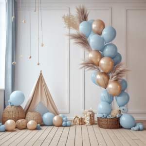 baby decorations with balloons, banners, trees and more, in the style of light indigo and light brown, textural intensity, earthy tones, minimalist stage designs, beige, captivating, light pink and sky-blue --v 5.2