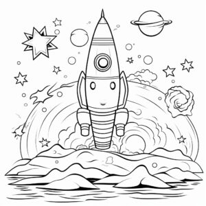 coloring book for kids, Celestial Meteor Water Probe , cartoon style, low detail, thick lines, fine line art, no color, no shading, easy for kids to color –-ar 9:11 --v 5.2
