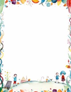 kids illustration, border of a page, empty white background, letters of alphabet in border, colours --ar 85:110 --v 5.2