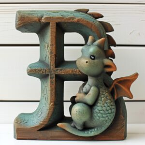 add wooden shelf to letter B, a baby dragon sitting beside , white background --stylize 250 --v 6