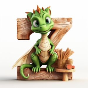 add wooden shelf to letter Z, a baby dragon sitting beside , white background --stylize 250 --v 5.2