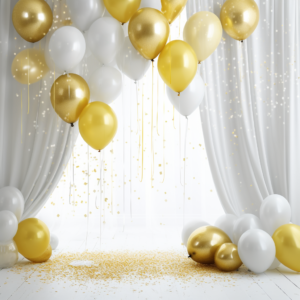 photographic background, with a white fabric curtain, with a glitter texture, white and yellow, shiny balloons --v 5.2