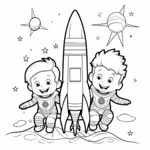 coloring book for age 3-6, cartoon style, rocket and Neptune and Uranus, white background --no color --v 5.2