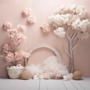 Create a series of enchanting digital backdrops for newborn baby photography that capture the essence of innocence and wonder. These backdrops should be designed to complement the tender moments of a baby's early days, evoking a sense of warmth and serenity. Consider incorporating elements like soft pastel colors, dreamy landscapes, delicate floral arrangements, and subtle textures. with no baby, empty space, camera looking down into the basket --v 5.2