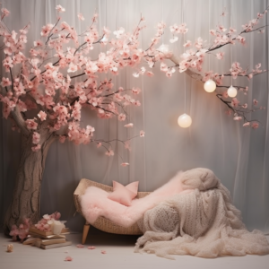Create a series of enchanting digital backdrops for newborn baby photography that capture the essence of innocence and wonder. These backdrops should be designed to complement the tender moments of a baby's early days, evoking a sense of warmth and serenity. Consider incorporating elements like soft pastel colors, dreamy landscapes, delicate floral arrangements, and subtle textures. with no baby, empty space --v 5.2