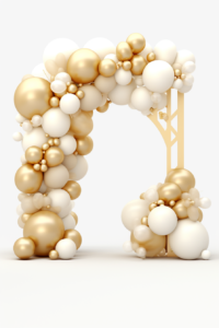 3D model, only the balloon arch, deconstructed, party, 2023 trend, party balloons, decoration in shades of gold, beige, and white, white background, PNG format, CGI, 3D model, minimalist realistc effect, super resolution, UHD, 8k v 5.2 --ar 2:3 --v 5.2