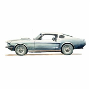 A watercolor of the classic Ford Mustang, full body, side view, John Marin, happy theme, Perfect for nursery art and children's book illustration style, simple, cute, clipart, single object, white background for removing background --no splash in background --stylize 150