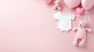 baby toys, clothes on light pink white background with copy space, paper cut design --ar 16:9 --v 5.2