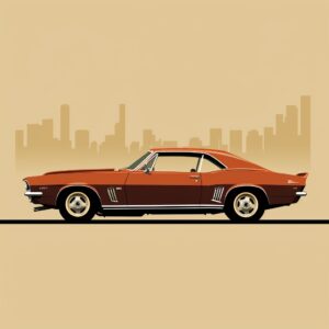 side view Chevrolet Camaro 1966, epic background, simple outline style, subtle antique colors