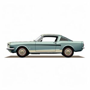 side view Ford Mustang 1964, epic background, simple outline style, subtle antique colors