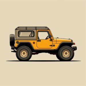 side view Jeep Wrangler 1986, epic background, simple outline style, subtle antique colors