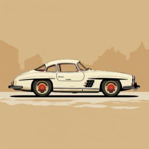 side view Mercedes-Benz 300SL 1954, epic background, simple outline style, subtle antique colors