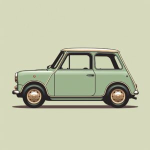 side view Mini Cooper 1959, epic background, simple outline style, subtle antique colors