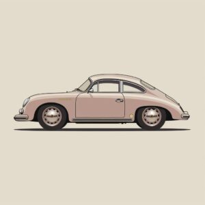 side view Porsche 356 1948, epic background, simple outline style, subtle antique colors