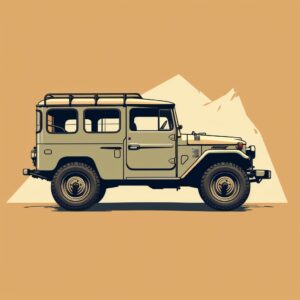 side view Toyota Land Cruiser 1951, epic background, simple outline style, subtle antique colors