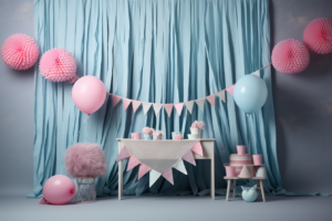 blue & pink bunting balloons and a baby backdrop with blue, pink and white pom poms, inthe style of ilford pan f, grid, wallpaper, saurabh jethani, textured splashes, dark rose andlight sky-blue, utilizes --ar 3:2 --v 5.2
