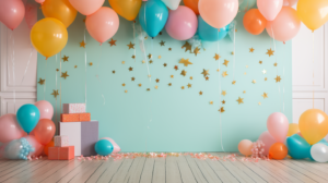 Energetic and bright backdrop perfect for a joyful birthday party. --ar 16:9 --style raw --v 5.2