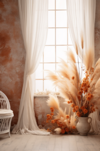 Fineart style scenery for photography in a maternity studio, just the scenery with no one in the scene, boho style, pampas grass, orange flowers, warm colors, maternity theme, with wall and floor, white floor, realistic, cinematic, HD, 8k --ar 2:3 --v 5.2