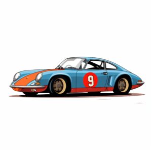 simple sketch illustration of side profile of retro race car. simple color palette. transparent background. in the style of a children's story book