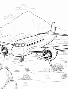 coloring pages featuring airplane in the desert for kids aged between 2 and 5 years old, white background, no shading, minimalist, --ar 85:110 --v 5.2