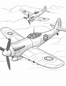 coloring pages featuring spitfire airplanes for kids aged between 2 and 5 years old, white background, no shading, minimalist, --ar 85:110 --v 5.2