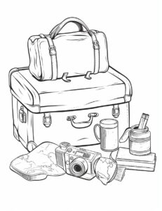 coloring pages featuring travel objects for kids aged between 2 and 5 years old, white background, no shading, minimalist, --ar 85:110 --v 5.2
