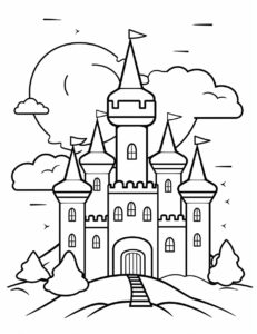 create a kid coloring page featuring a castle in the clouds. The image should be executed in a simple, continuous line art style, filling the entire page with an enchanting scene. The simplicity of the design allows young kids to concentrate on the subject. This minimalist aesthetic is perfect for young kids looking for a relaxing coloring activity, no color. --ar 85:110 --v 5.2
