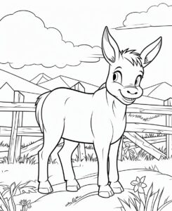 create a kid coloring page featuring a smiling baby donkey on a farm. The image should be executed in a simple, continuous line art stle, filling the entire page with an enchanting scene. The simplicity of the design allows young kids to concentrate on the subject. This minimalist aesthetic is perfect for young kids looking for a relaxing coloring activity. --ar 9:11 --v 5.2