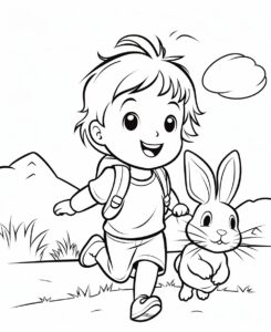 create a kid coloring page featuring a smiling baby rabbit running away from child. The image should be executed in a simple, continuous line art stle, filling the entire page with an enchanting scene. The simplicity of the design allows young kids to concentrate on the subject. This minimalist aesthetic is perfect for young kids looking for a relaxing coloring activity. --ar 9:11 --v 5.2