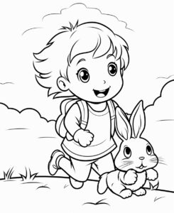 create a kid coloring page featuring a smiling baby rabbit running away from child. The image should be executed in a simple, continuous line art stle, filling the entire page with an enchanting scene. The simplicity of the design allows young kids to concentrate on the subject. This minimalist aesthetic is perfect for young kids looking for a relaxing coloring activity. --ar 9:11 --v 5.2
