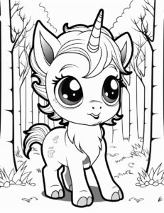 cute unicorn in forest, big cute eyes, pixar style, simple outline and shapes, coloring page black and white comic book flat vector, white background, --ar 85:110 --v 5.2