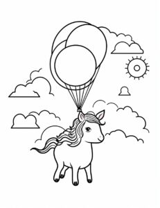 kid coloring page featuring a balloon held by unicorn . The image should be executed in a simple, continuous line art style, filling the entire page with an enchanting scene. The simplicity of the design allows young kids to concentrate on the subject. This minimalist aesthetic is perfect for young kids looking for a relaxing coloring activity, no color. --ar 85:110 --v 5.2