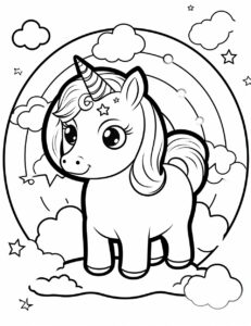 kid coloring page featuring a cartoon unicorn holding a big doughnut . The image should be executed in a simple, continuous line art style, filling the entire page with an enchanting scene. The simplicity of the design allows young kids to concentrate on the subject. This minimalist aesthetic is perfect for young kids looking for a relaxing coloring activity, no color. --ar 85:110 --v 5.2