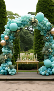 event arch shelf with teal balloon garland in the garden --ar 3:5 --v 5.2