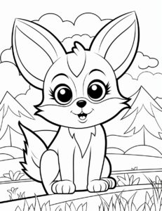 Create a line art minimalist coloring page with line drawing style featuring a cute animal (such as a puppy, kitten, or bunny) with big expressive eyes in a fun outdoor setting (such as a park, beach, or forest). The background is simple, but should be appropriate for the animal's setting. The coloring page should be easy-to-color kids ages 8-12. Have fun with it! --ar 17:22 --v 5.2