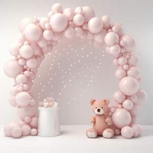 A balloon arch in light pink colors with white floor and white walls. In front of the balloon arch there will be stuffed animals, teddy bears in different brown colors. In the balloon arc there should be a string of lights with shining lights. --v 5.2