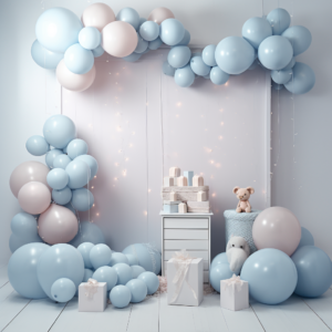 A white backdrop with balloons and baby props, in the style of light blue, rim light, luminous atmosphere, ready - made --v 5.2