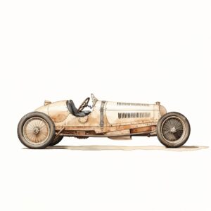 beige race car, side view, vintage, watercolor painting, simple, white background— ar 2:3