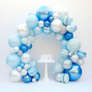 Please create a 18-inch, 12-inch, 10-inch, and 5-inch macaron blue, white, and blue glitter balloon arch using 3D modeling. Please make sure it looks bright overall. --v 5.2