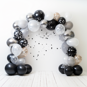 Please help create a white background image of a balloon arch with solid black, white, and silver balloons, along with a small amount of silver confetti balloons. The balloon sizes are 5 inches, 10 inches, and 12 inches, and the image resolution is 1600*1600 pixels. --v 5.2