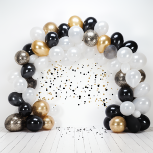 Please help create a white background image of a balloon arch with black, silver, and a small amount of silver confetti balloons. The balloon sizes are 5 inches, 10 inches, and 12 inches. The image size is 1600*1600. --v 5.2