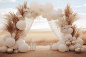 romantic whimsical white wall covered with white curtains with a big arch full of white peonys and pampas grass at its front, fulfilled with matte brown balloons, matte golden balloons, bronze shimmering balloons, with lots of small peonys among the floor, lots of pampas grass around the arch, hanging flowers from arch, soft light, mistic atmosphere, boho aesthetic, white floor --ar 3:2 --v 5.2