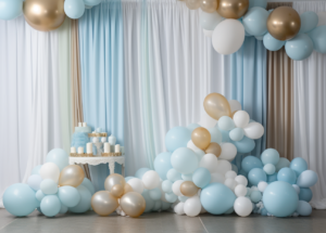 birthday boy balloon decoration at a baby, in the style of light beige and light aquamarine, ethereal and otherworldly atmosphere, striped arrangements, vibrant stage backdrops, soft, blended colors, light gray and light brown, furaffinity --ar 39:28 --v 5.2