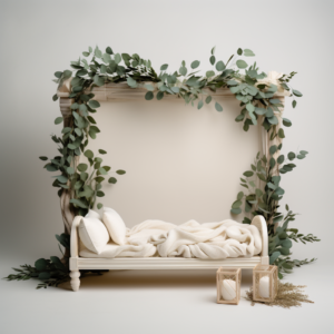 White beige textured backdrop with a newborn photography prop empty bed away from backdrop bright room with green eucalyptus branches on the backdrop --v 5.2