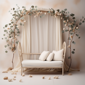 White beige textured backdrop with a newborn photography prop empty bed away from backdrop bright room with green eucalyptus branches on the backdrop --v 5.2